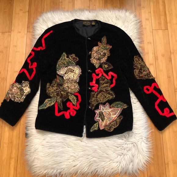 Alex Kim Artsy Embroidered Beaded Abstract Floral Velvet Knit Black Jacket S/M - Picture 1 of 11